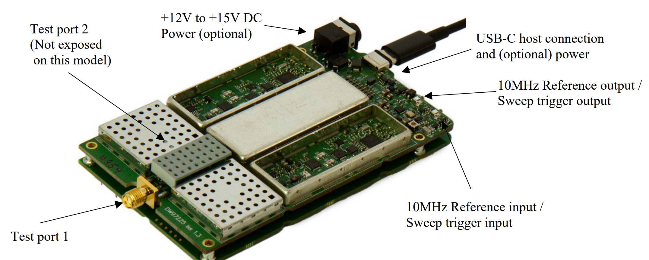 A labelled diagram of the LA19-14-06M OEM VNA showing the position of the test ports and control interfaces