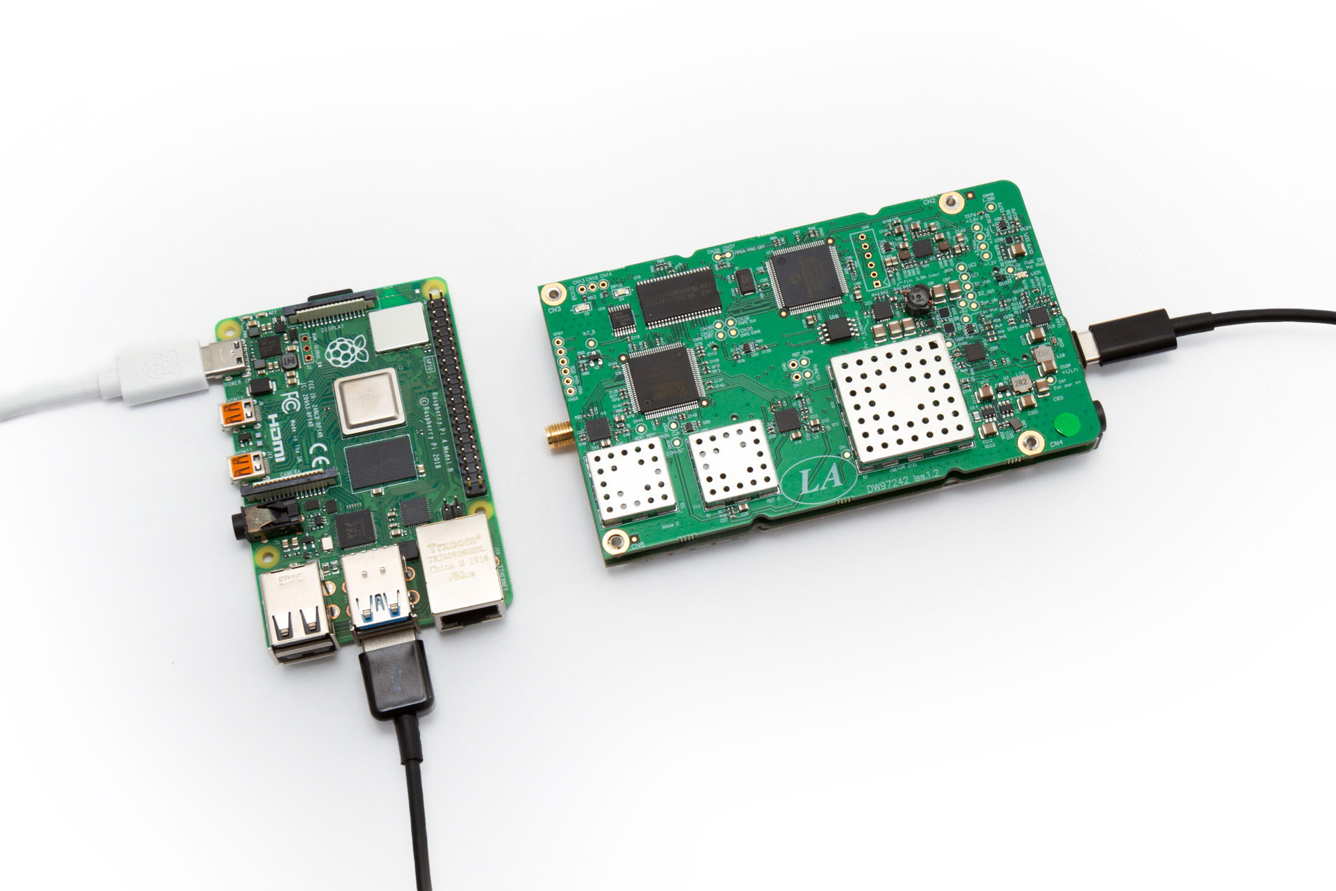 A photograph of the LA19-14-06M together with a Raspberry Pi single board computer for scale, which can be used to control the VNA in embedded applications